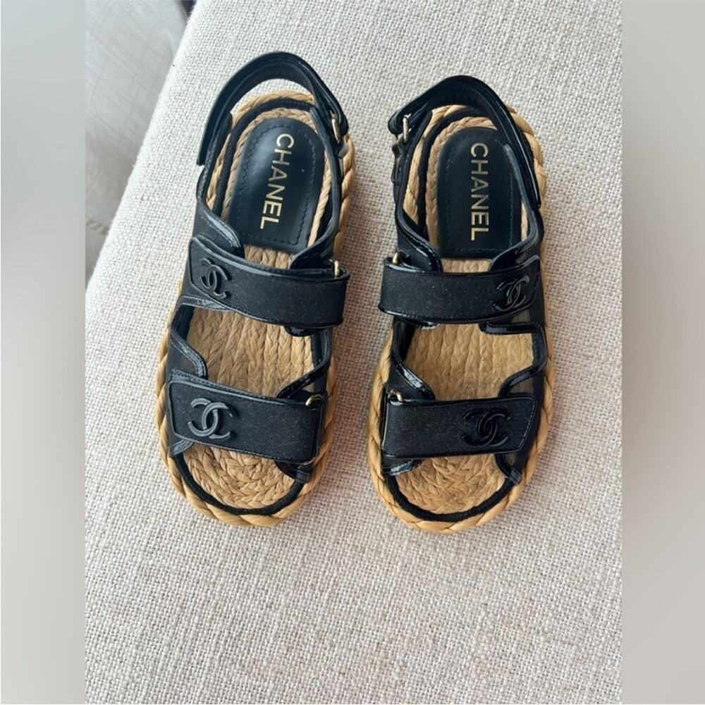 CHANEL Dad Sandals Mesh espadrille and Patent with Raffia sole 36 - Picture 12 of 13